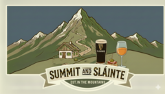 Summit and Sláinte logo featuring a mountain peak, a mountain hut, a pint of Guinness, a glass of white wine, and a tapas snack.